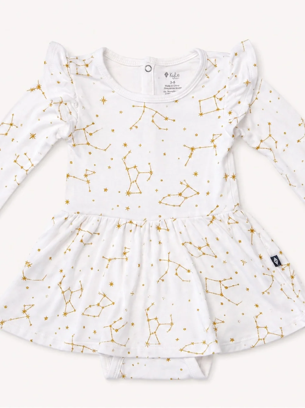 Kyte Baby Cloud Constellation Twirl Bodysuit Dress 3–6M Bamboo Gold Shimmer